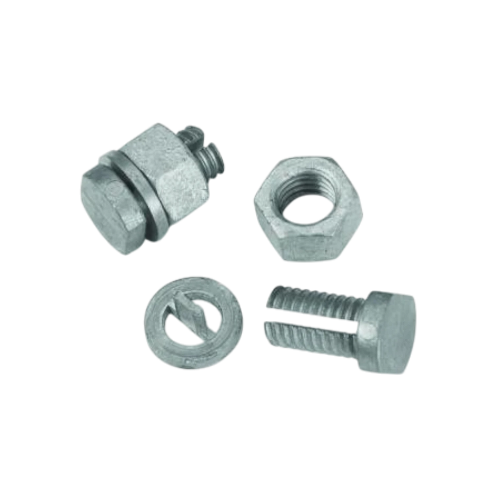 USA Grazing Systems split bolt connector set made of die-cast zinc and galvanized steel for electric fence wiring.