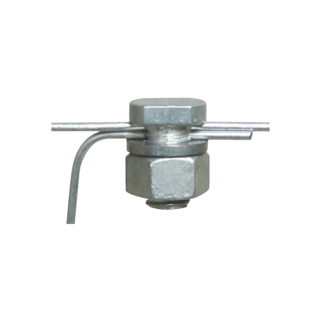 USA Grazing Systems split bolt connector for electric fence wiring, featuring die-cast zinc and galvanized steel.