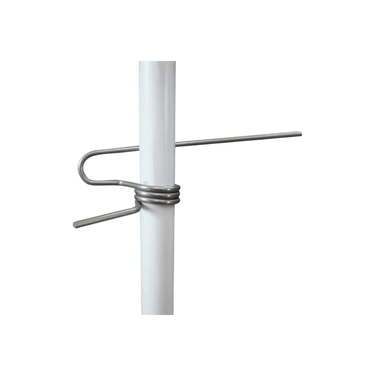 USA Grazing Systems stainless steel spring clip attached to a white rod post for electric fencing wire retention.
