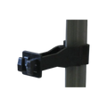 USA Grazing Systems black 3-inch offset electric fence insulator mounted on the back of a steel T-post.