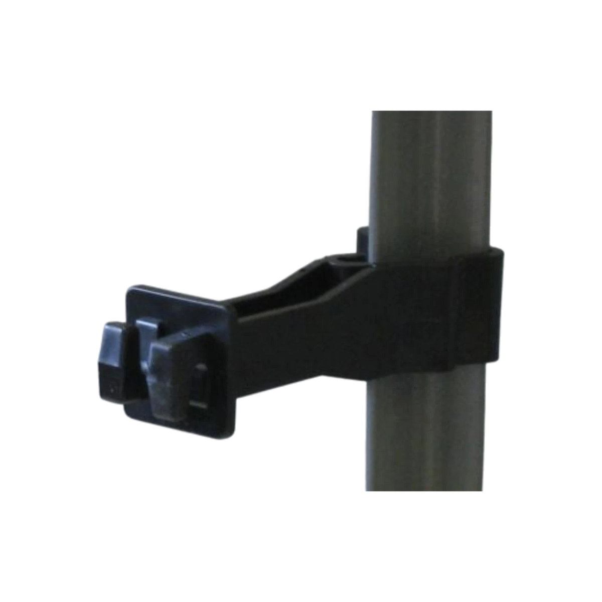 USA Grazing Systems black 3-inch offset electric fence insulator mounted on the back of a steel T-post.