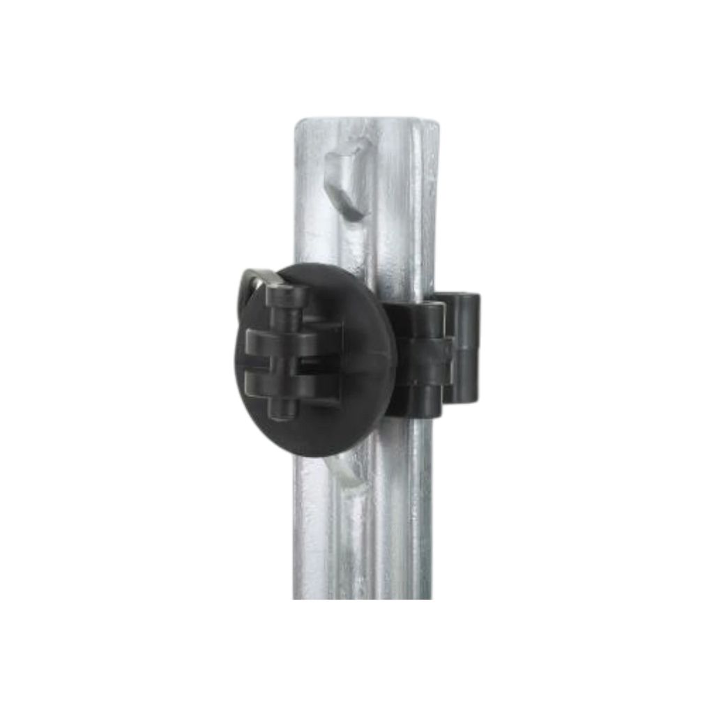 USA Grazing Systems black plastic pinlock insulator attached to a metal T-post for electric fencing