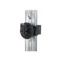 USA Grazing Systems black plastic pinlock insulator attached to a metal T-post for electric fencing