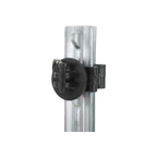 USA Grazing Systems black plastic pinlock insulator attached to a metal T-post for electric fencing