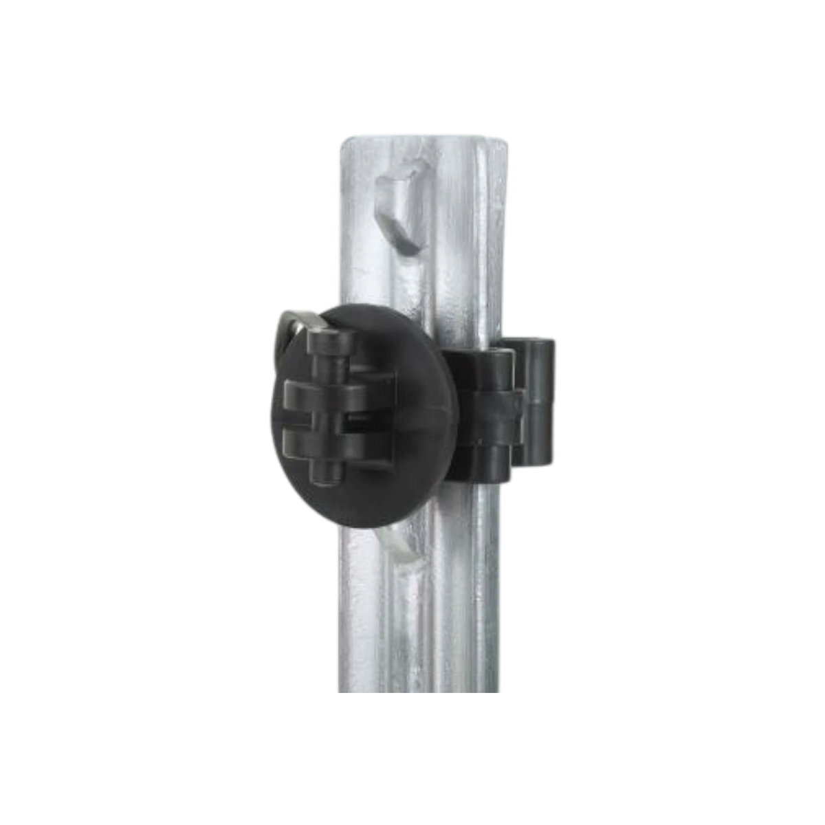 USA Grazing Systems black plastic pinlock insulator attached to a metal T-post for electric fencing