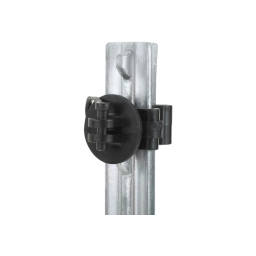 USA Grazing Systems black plastic pinlock insulator attached to a metal T-post for electric fencing