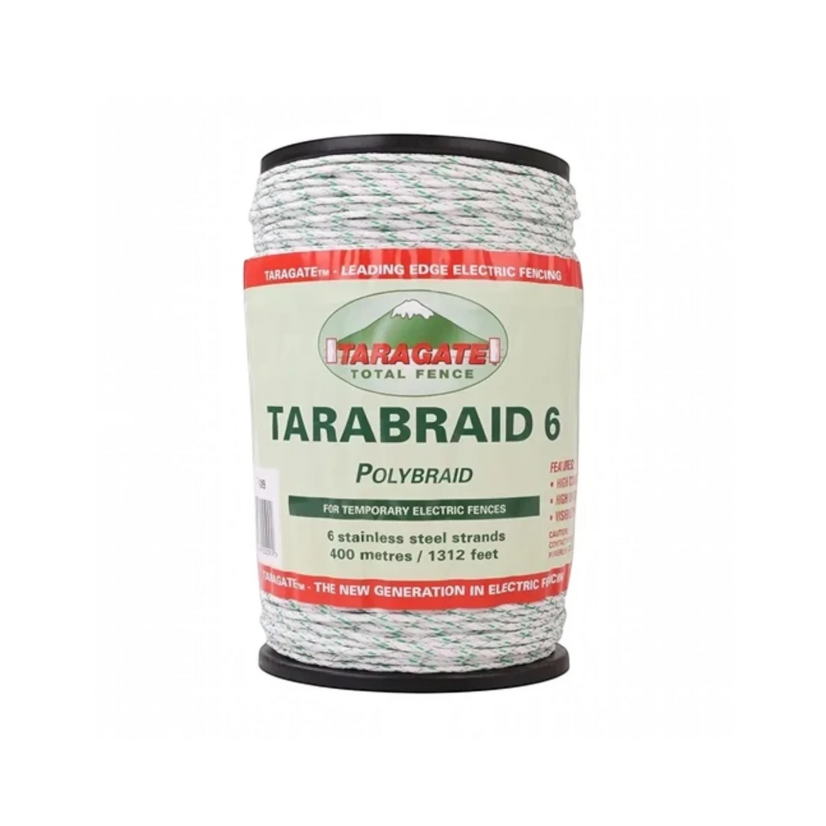 USA Grazing Systems Tarabraid 6 stainless steel electric fence polybraid wire roll with green tracer for visibility.