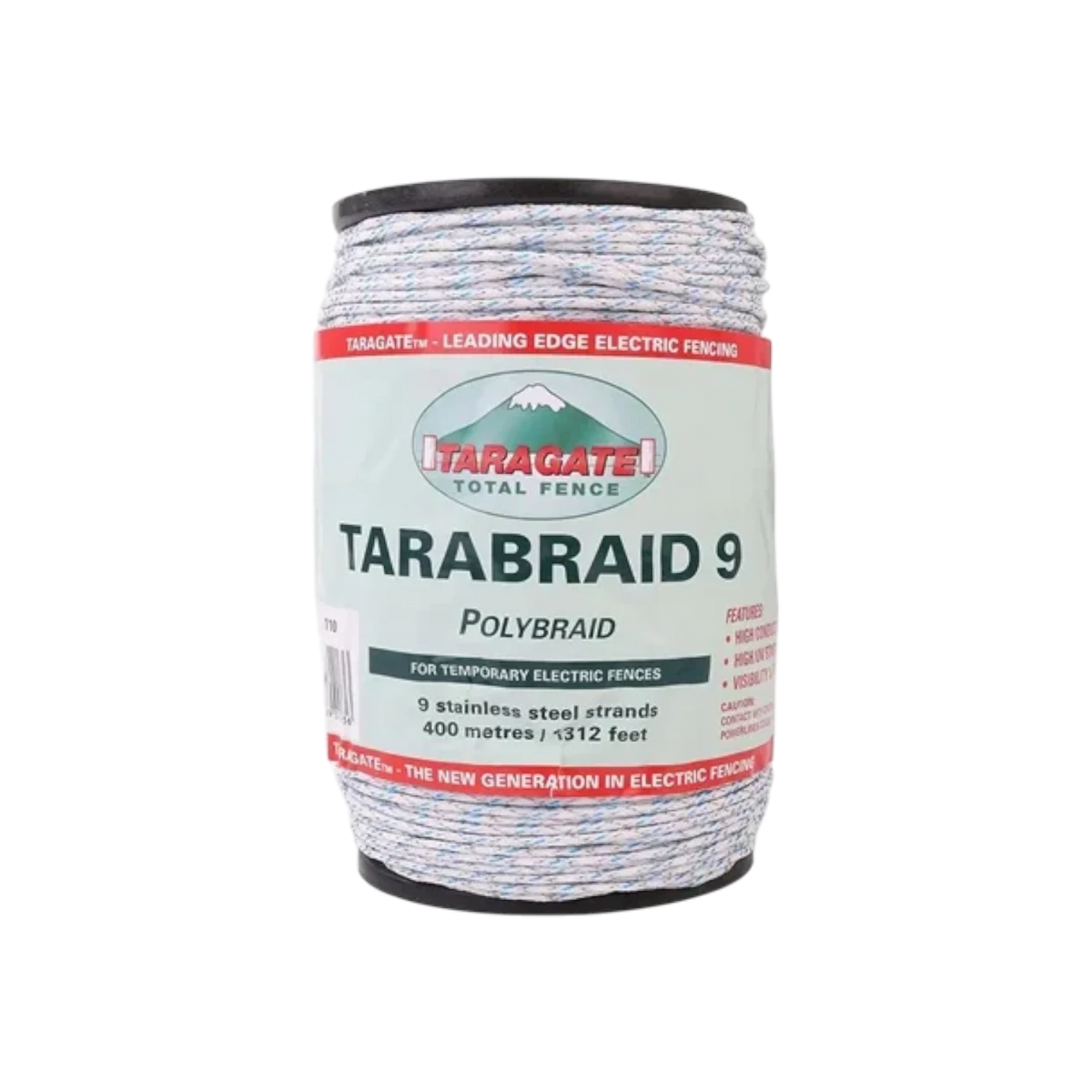 USA Grazing Systems Tarabraid 9 stainless steel electric fence polybraid roll with blue tracer for high visibility.