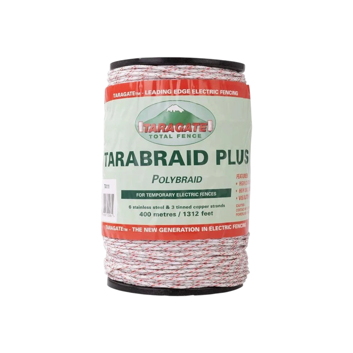 USA Grazing Systems Tarabraid Plus 400m electric fence polybraid roll with white and orange conductive wire strands