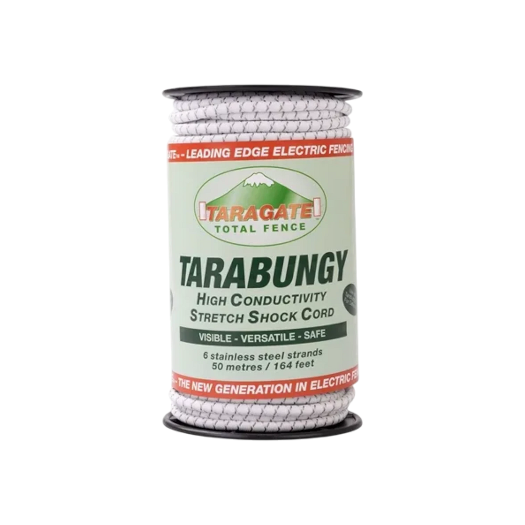 USA Grazing Systems Taragate conductive bungy cord on a 164-foot roll for electric fence gateways with stainless strands