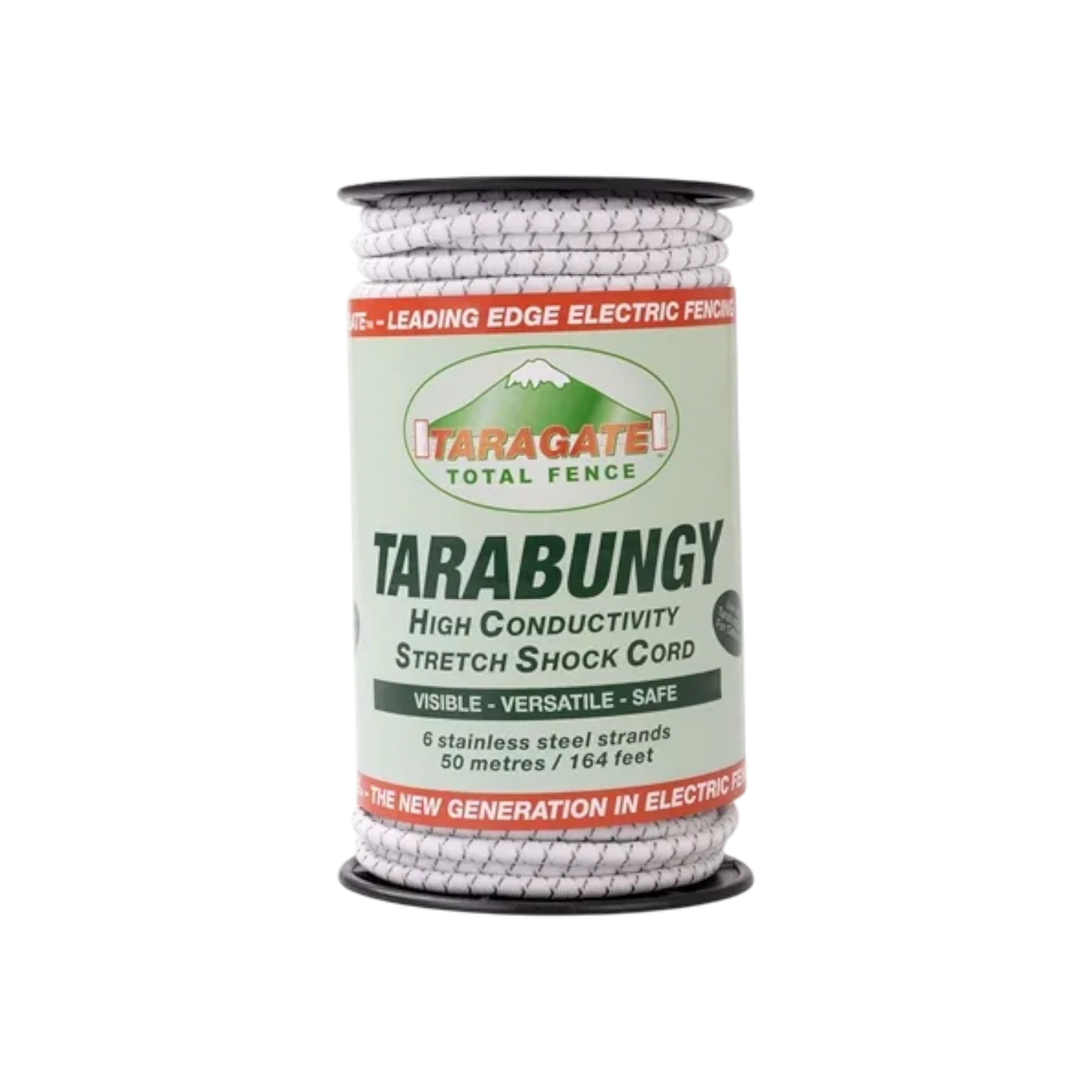 USA Grazing Systems Taragate conductive bungy cord on a 164-foot roll for electric fence gateways with stainless strands