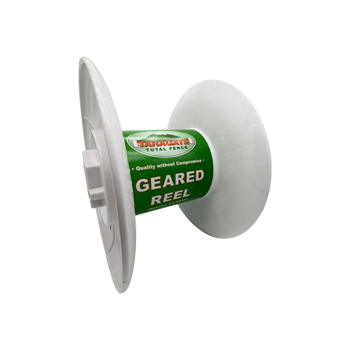 USA Grazing Systems Taragate white replacement geared reel spool for electric fencing with green branding label